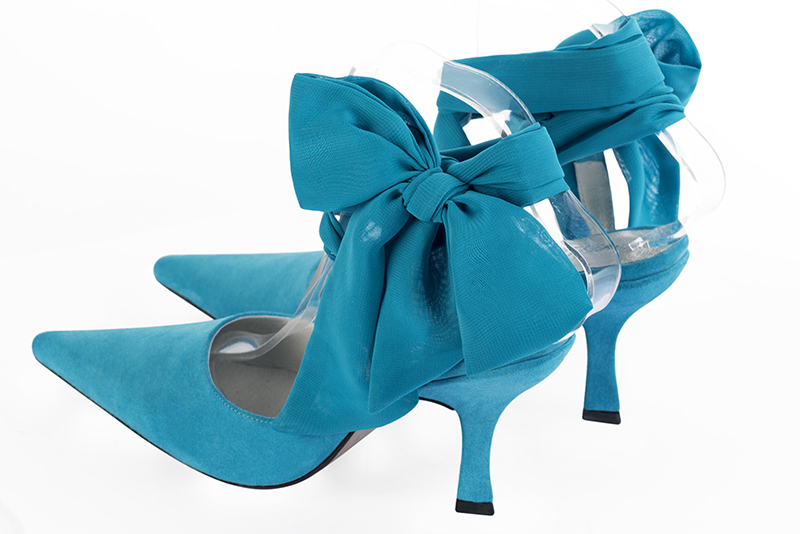 Turquoise blue women's open back shoes, with an ankle scarf. Pointed toe. High spool heels. Rear view - Florence KOOIJMAN